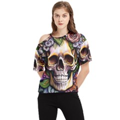 Death Skull Floral One Shoulder Cut Out Tee by GardenOfOphir