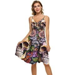 Death Skull Floral Sleeveless Tie Front Chiffon Dress by GardenOfOphir