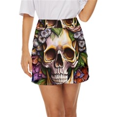 Death Skull Floral Mini Front Wrap Skirt by GardenOfOphir