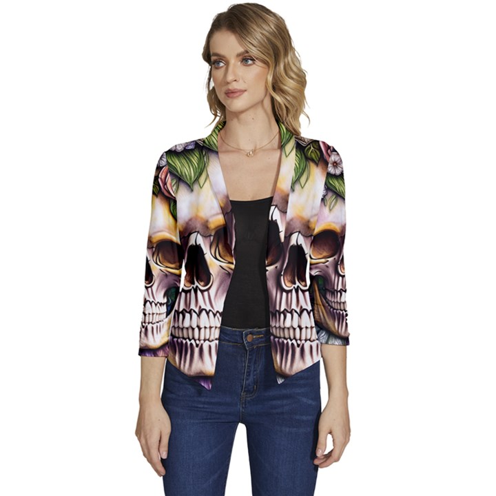 Death Skull Floral Women s Casual 3/4 Sleeve Spring Jacket