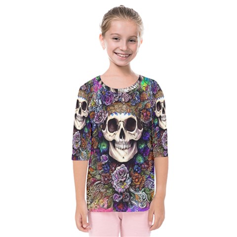 Dead Cute Skull Floral Kids  Quarter Sleeve Raglan Tee by GardenOfOphir