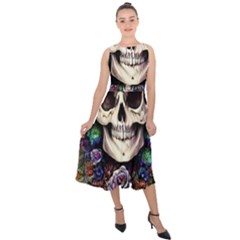 Dead Cute Skull Floral Midi Tie-back Chiffon Dress by GardenOfOphir