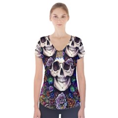 Dead Cute Skull Floral Short Sleeve Front Detail Top by GardenOfOphir