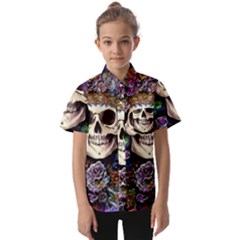 Dead Cute Skull Floral Kids  Short Sleeve Shirt by GardenOfOphir