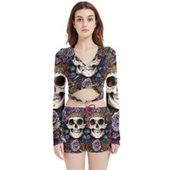 Dead Cute Skull Floral Velvet Wrap Crop Top And Shorts Set by GardenOfOphir