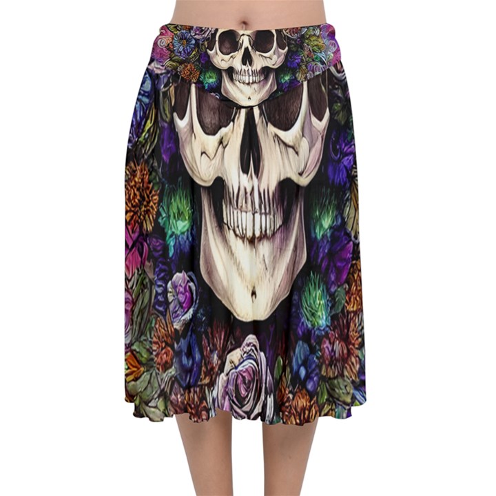 Dead Cute Skull Floral Velvet Flared Midi Skirt