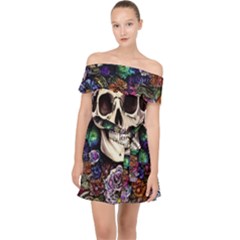 Dead Cute Skull Floral Off Shoulder Chiffon Dress by GardenOfOphir