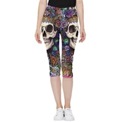 Dead Cute Skull Floral Inside Out Lightweight Velour Capri Leggings  by GardenOfOphir