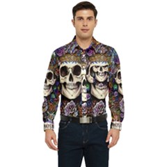 Dead Cute Skull Floral Men s Long Sleeve Pocket Shirt  by GardenOfOphir