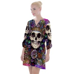 Dead Cute Skull Floral Open Neck Shift Dress by GardenOfOphir