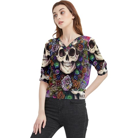 Dead Cute Skull Floral Quarter Sleeve Blouse by GardenOfOphir