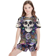 Dead Cute Skull Floral Kids  Tee And Sports Shorts Set by GardenOfOphir