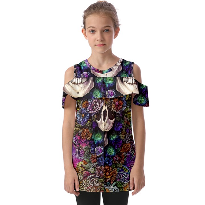 Dead Cute Skull Floral Fold Over Open Sleeve Top