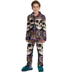 Dead Cute Skull Floral Kids  Long Sleeve Velvet Pajamas Set by GardenOfOphir