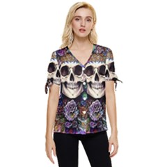 Dead Cute Skull Floral Bow Sleeve Button Up Top by GardenOfOphir