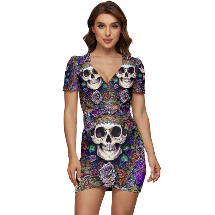 Dead Cute Skull Floral Low Cut Cap Sleeve Mini Dress