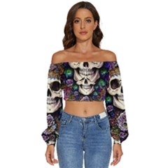 Dead Cute Skull Floral Long Sleeve Crinkled Weave Crop Top by GardenOfOphir