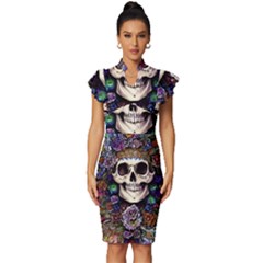 Dead Cute Skull Floral Vintage Frill Sleeve V-neck Bodycon Dress by GardenOfOphir