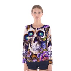 Gothic Cute Skull Floral Women s Long Sleeve Tee