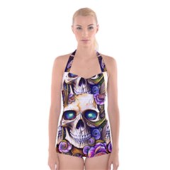 Gothic Cute Skull Floral Boyleg Halter Swimsuit  by GardenOfOphir