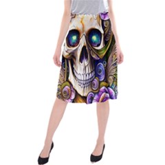 Gothic Cute Skull Floral Midi Beach Skirt by GardenOfOphir