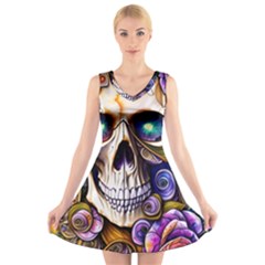 Gothic Cute Skull Floral V-neck Sleeveless Dress by GardenOfOphir