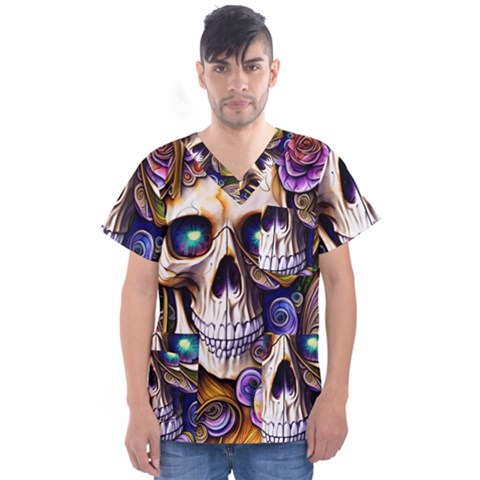 Gothic Cute Skull Floral Men s V-neck Scrub Top by GardenOfOphir