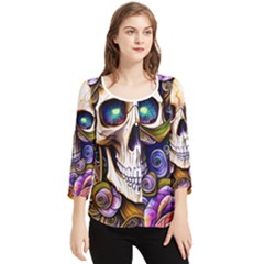 Gothic Cute Skull Floral Chiffon Quarter Sleeve Blouse by GardenOfOphir