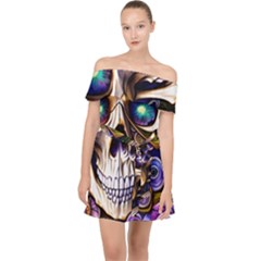 Gothic Cute Skull Floral Off Shoulder Chiffon Dress by GardenOfOphir