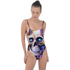 Gothic Cute Skull Floral Tie Strap One Piece Swimsuit by GardenOfOphir