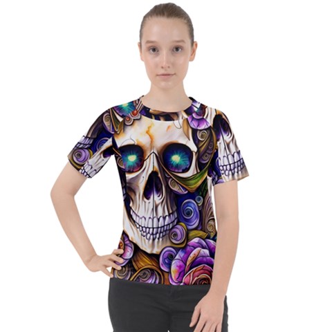 Gothic Cute Skull Floral Women s Sport Raglan Tee by GardenOfOphir