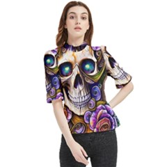 Gothic Cute Skull Floral Frill Neck Blouse