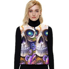 Gothic Cute Skull Floral Women s Short Button Up Puffer Vest