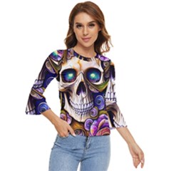 Gothic Cute Skull Floral Bell Sleeve Top