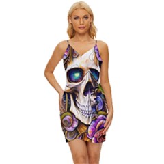 Gothic Cute Skull Floral Wrap Tie Front Dress by GardenOfOphir