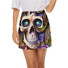 Gothic Cute Skull Floral Mini Front Wrap Skirt by GardenOfOphir