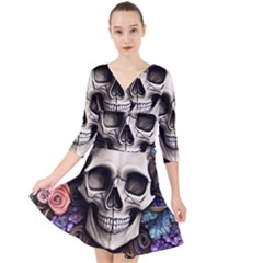 Skull Bones Quarter Sleeve Front Wrap Dress by GardenOfOphir