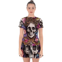 Skull Bones Drop Hem Mini Chiffon Dress by GardenOfOphir