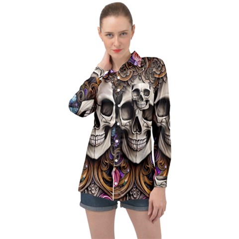 Skull Bones Long Sleeve Satin Shirt by GardenOfOphir