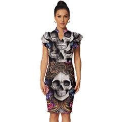 Skull Bones Vintage Frill Sleeve V-neck Bodycon Dress by GardenOfOphir