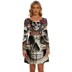 Skull Bones Long Sleeve Wide Neck Velvet Dress by GardenOfOphir