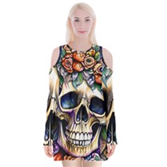 Skull Dead Velvet Long Sleeve Shoulder Cutout Dress