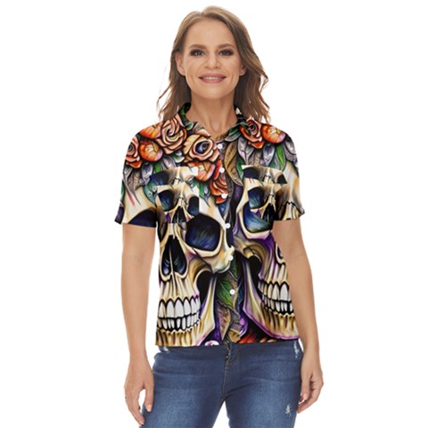 Skull Dead Women s Short Sleeve Double Pocket Shirt by GardenOfOphir