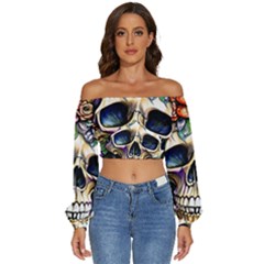 Skull Dead Long Sleeve Crinkled Weave Crop Top by GardenOfOphir