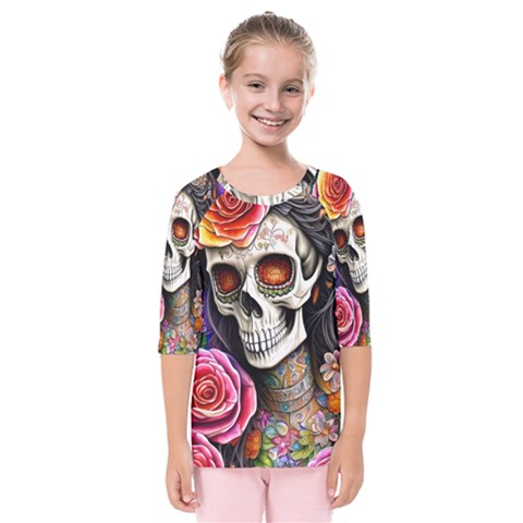 Sugar Skull Kids  Quarter Sleeve Raglan Tee by GardenOfOphir