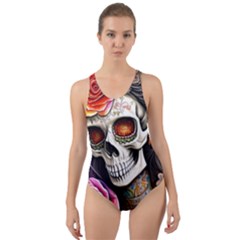 Sugar Skull Cut-out Back One Piece Swimsuit by GardenOfOphir