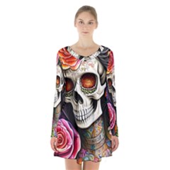 Sugar Skull Long Sleeve Velvet V-neck Dress