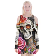 Sugar Skull Velvet Long Sleeve Shoulder Cutout Dress