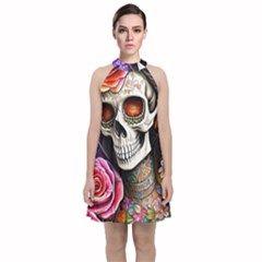 Sugar Skull Velvet Halter Neckline Dress 