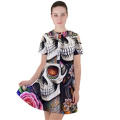 Sugar Skull Short Sleeve Shoulder Cut Out Dress  by GardenOfOphir